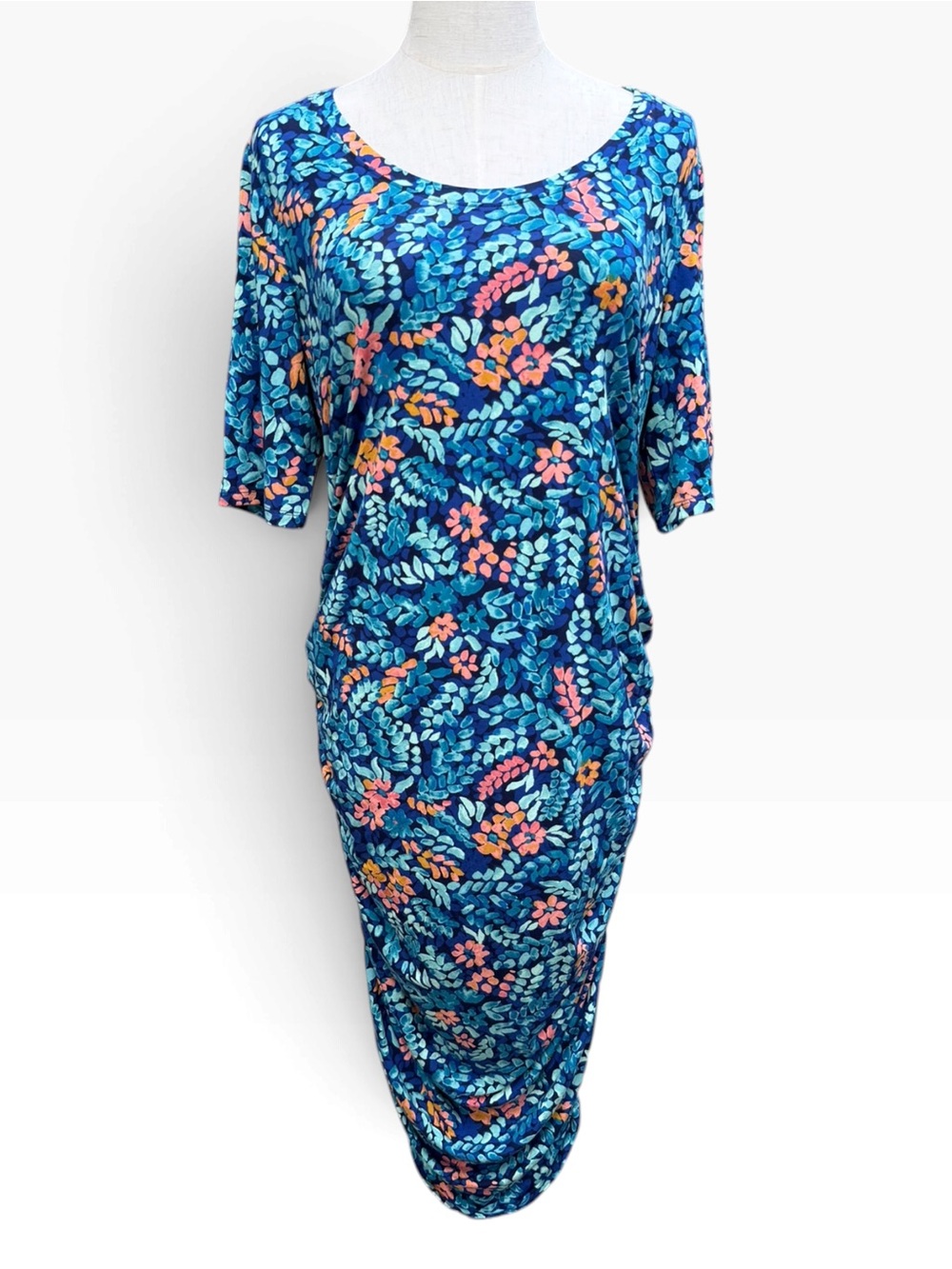 Motherhood Maternity Large Blue Floral Ruched Bodycon Midi Dress
